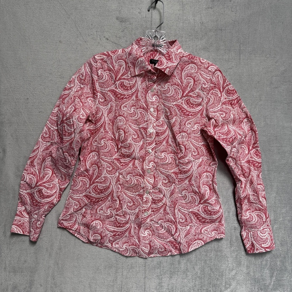 Talbots Shirt Womens Petite 2P Red Paisley Button Front Long Sleeve Stretch